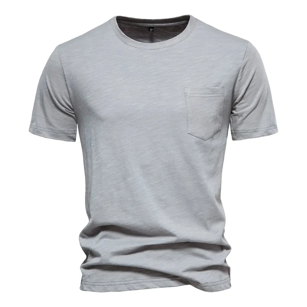 100% Cotton Men's T-shirts Single Pocket Fashion Solid Color Casual Tshirts for Men Brand Quality Tops Tees New Summer