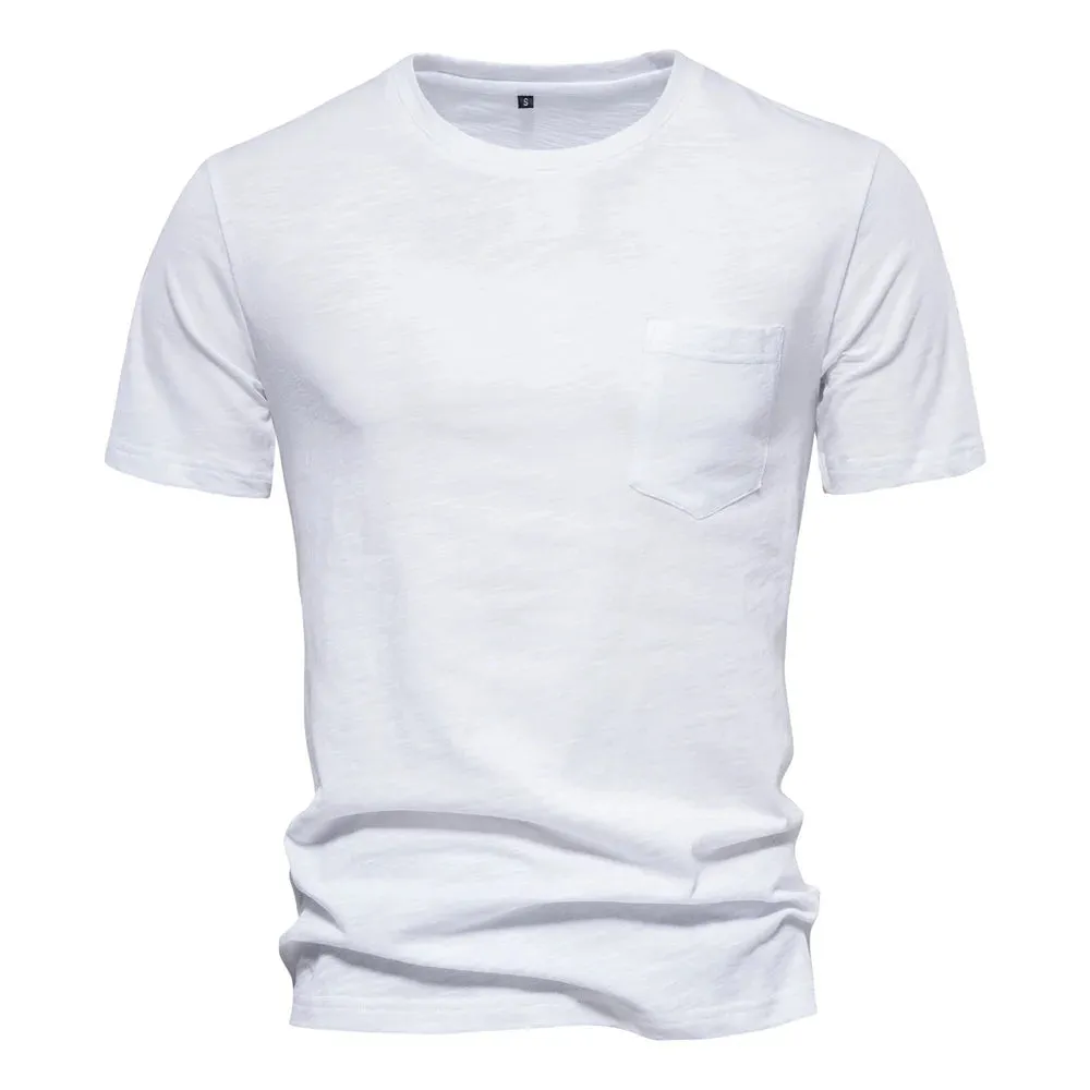 100% Cotton Men's T-shirts Single Pocket Fashion Solid Color Casual Tshirts for Men Brand Quality Tops Tees New Summer