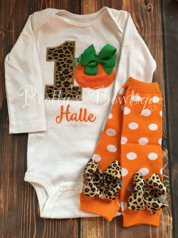 1st Birthday Pumpkin Baby Girl 5-Piece Outfit for Newborn to Youth XL with Shirt or Bodysuit, Leg Warmers, Tutu, Bloomers and Headband