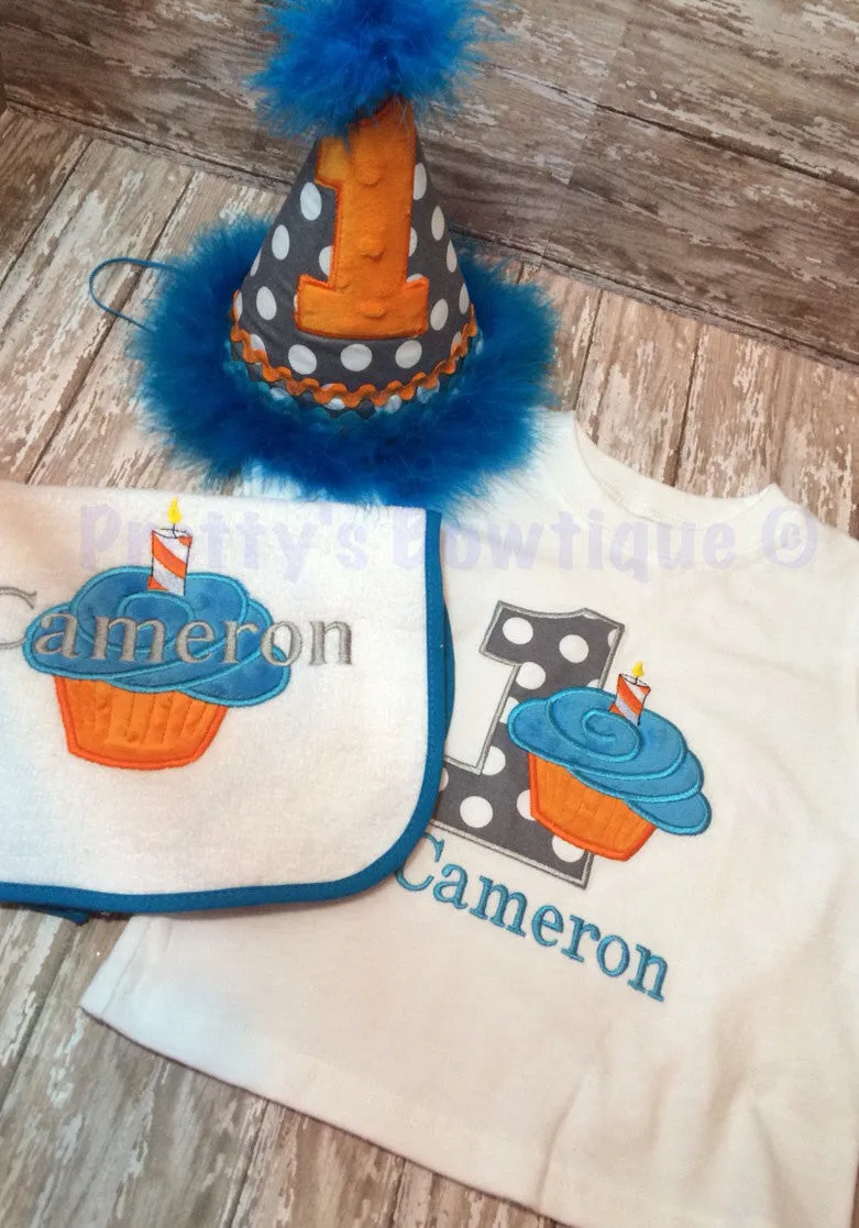 1st Birthday set. Hat, shirt or one piece , and bib. Can customize