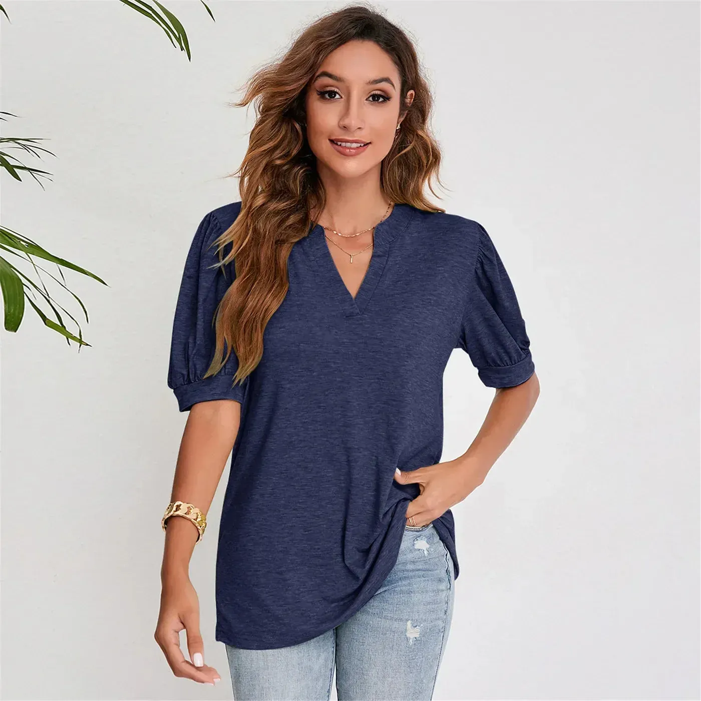 2024 Cute Short Puff Sleeve Black T-Shirt for Women