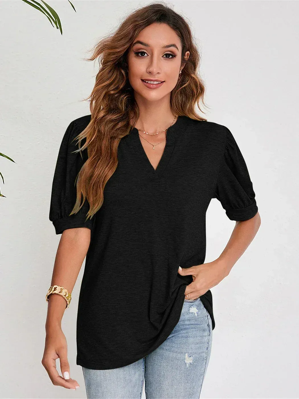 2024 Cute Short Puff Sleeve Black T-Shirt for Women