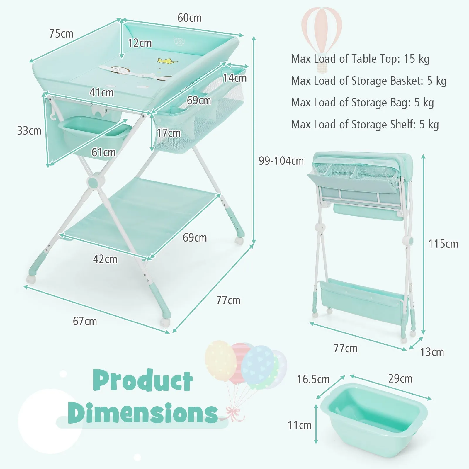 4-in-1 Adjustable Folding Baby Changing Table with Wheels-Blue