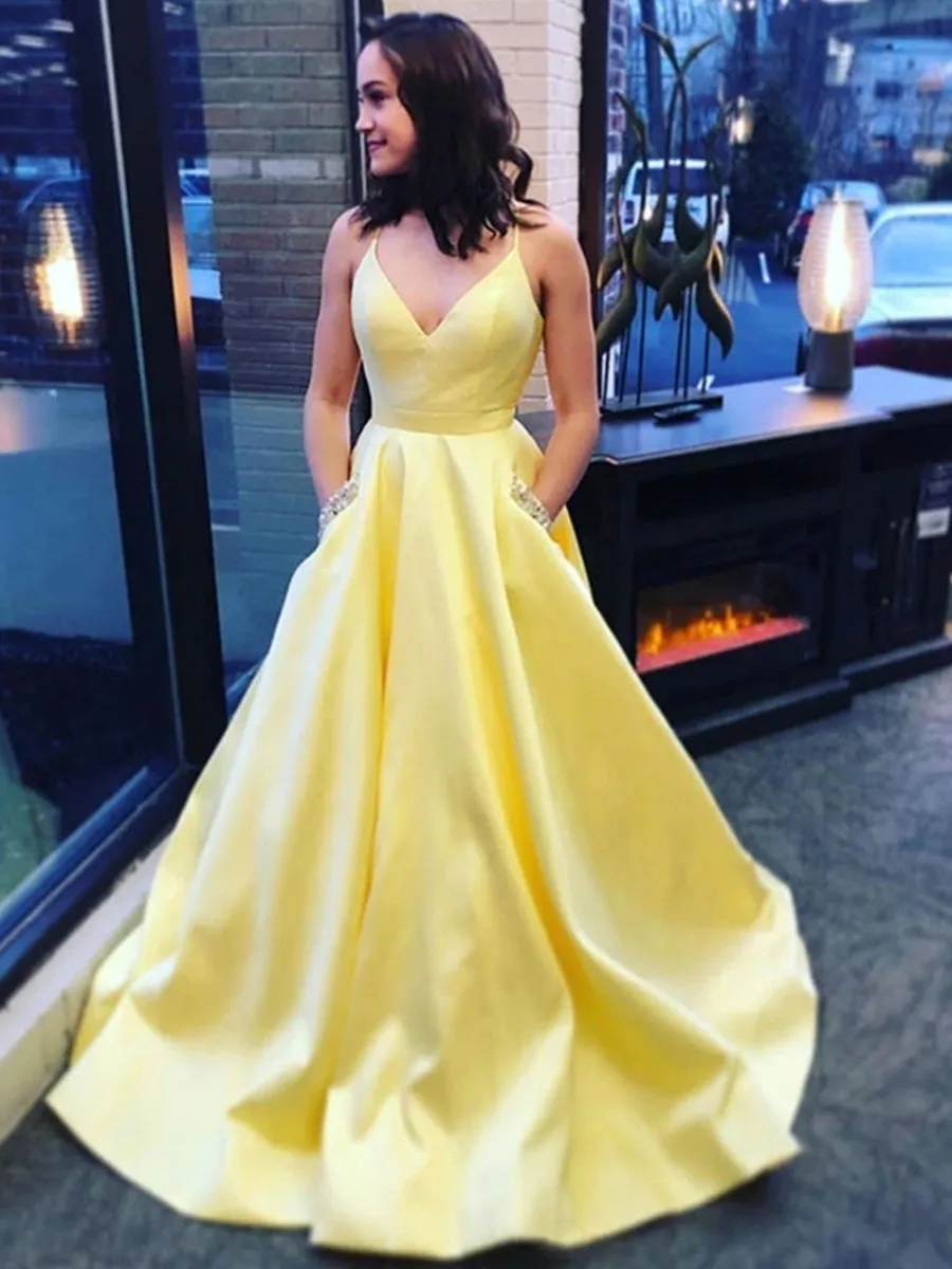 A Line Spaghetti Straps Yellow V Neck Satin Long Prom Dresses with Pockets, V Neck Yellow Formal Graduation Evening Dresses