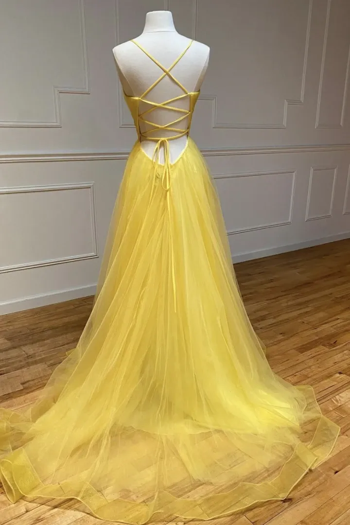 A Line V Neck Yellow Backless Tulle Long Prom Dresses, A Line V Neck Yellow Backless Tulle Long Formal Evening Dresses