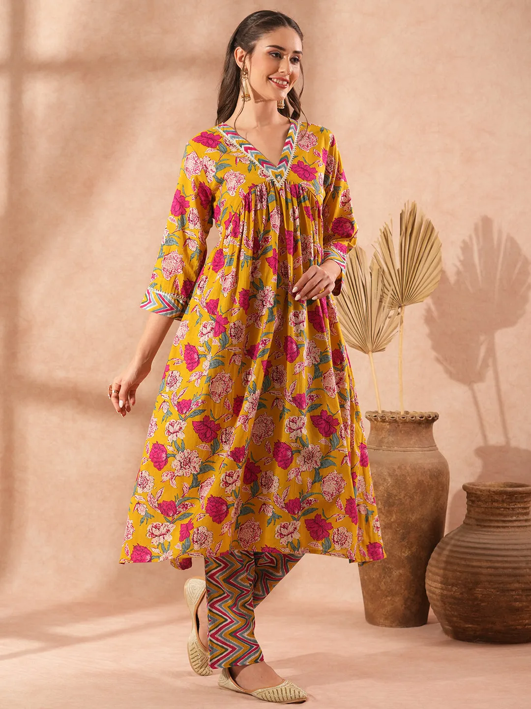 Abstract Floral Printed A-Line Pleated Kurta with Chevron Pant - Yellow