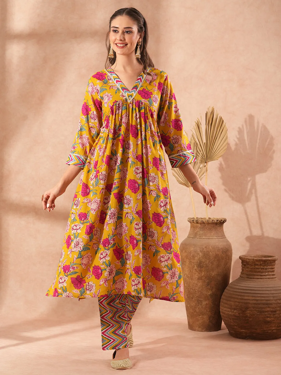 Abstract Floral Printed A-Line Pleated Kurta with Chevron Pant - Yellow