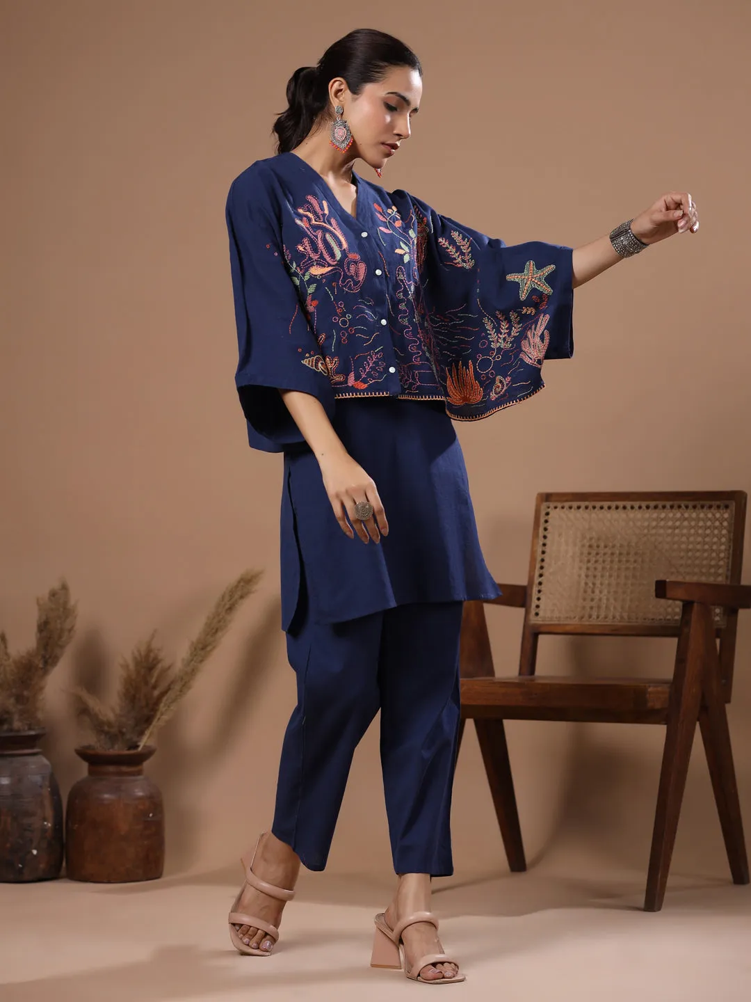 Abstract Thread Kantha Embroidered Kaftan Crop Top Co-ord Set - Blue