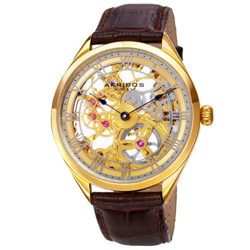 Akribos Xxiv Gold Skeleton Dial Brown Leather Men's Watch AK802YG