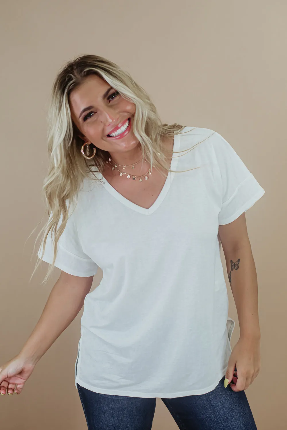 All Basic V Neck Tee, Ivory