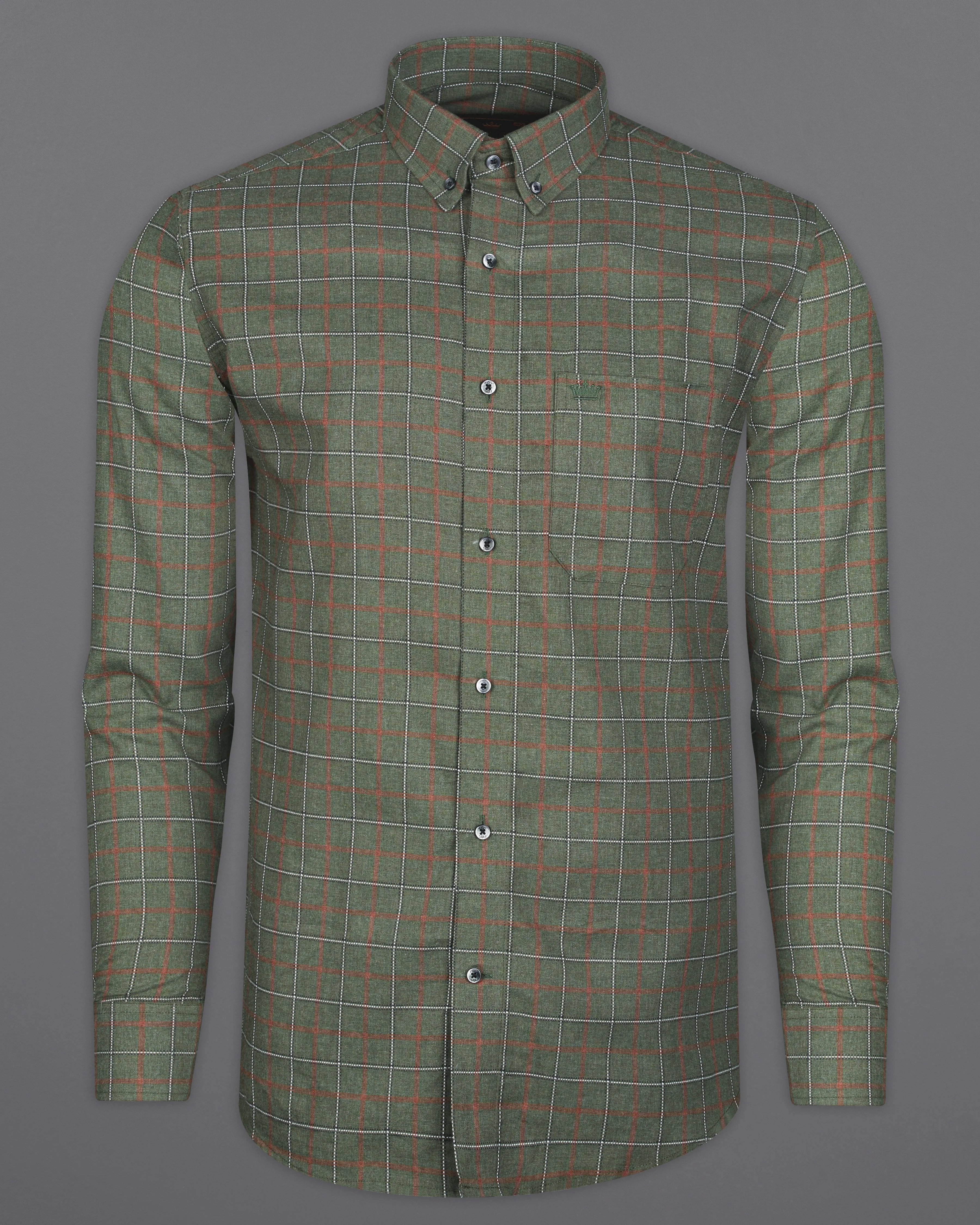 Asparagus Green with Chestnut Brown Checkered with Comical Dog Printed Super Soft Premium Cotton Designer Shirt