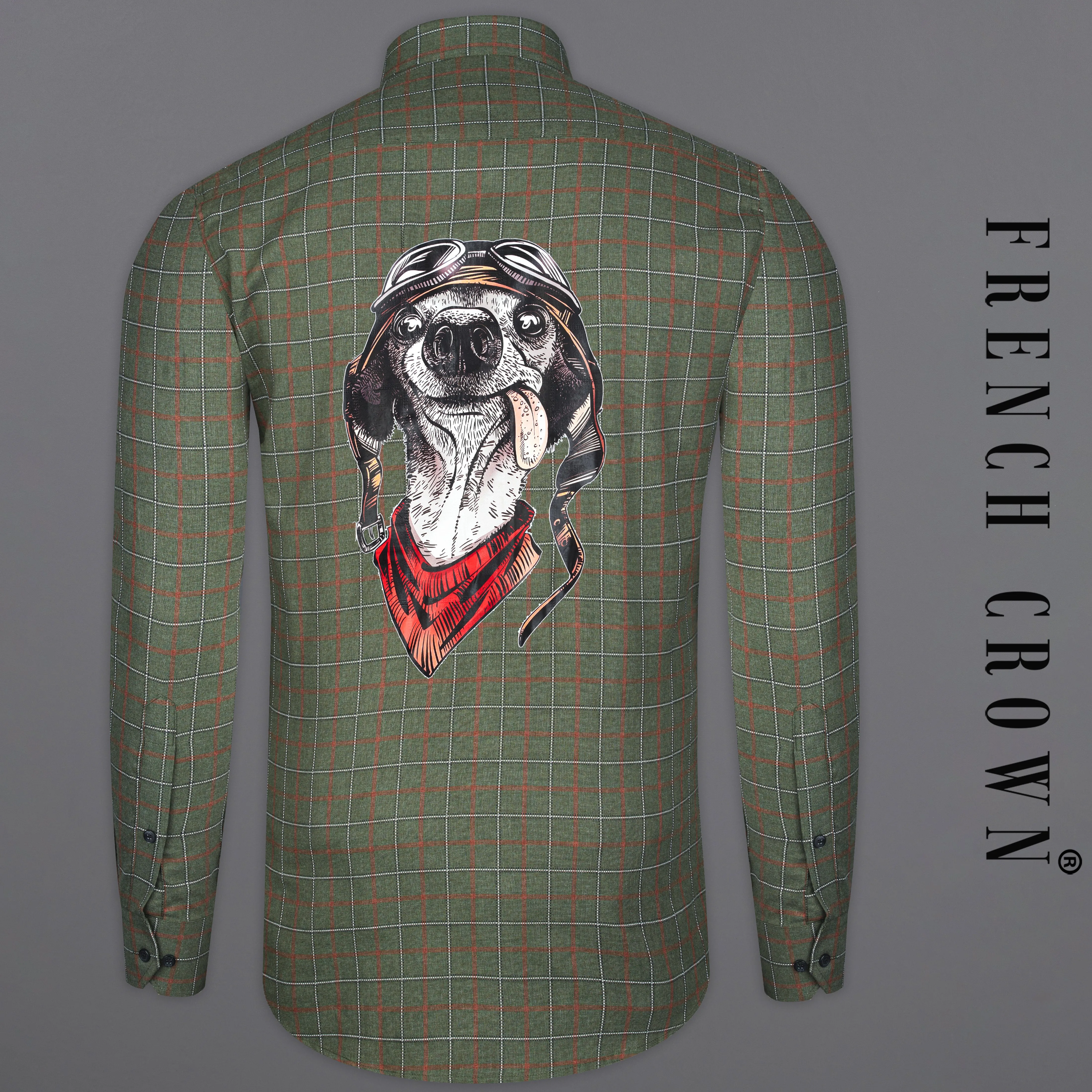 Asparagus Green with Chestnut Brown Checkered with Comical Dog Printed Super Soft Premium Cotton Designer Shirt