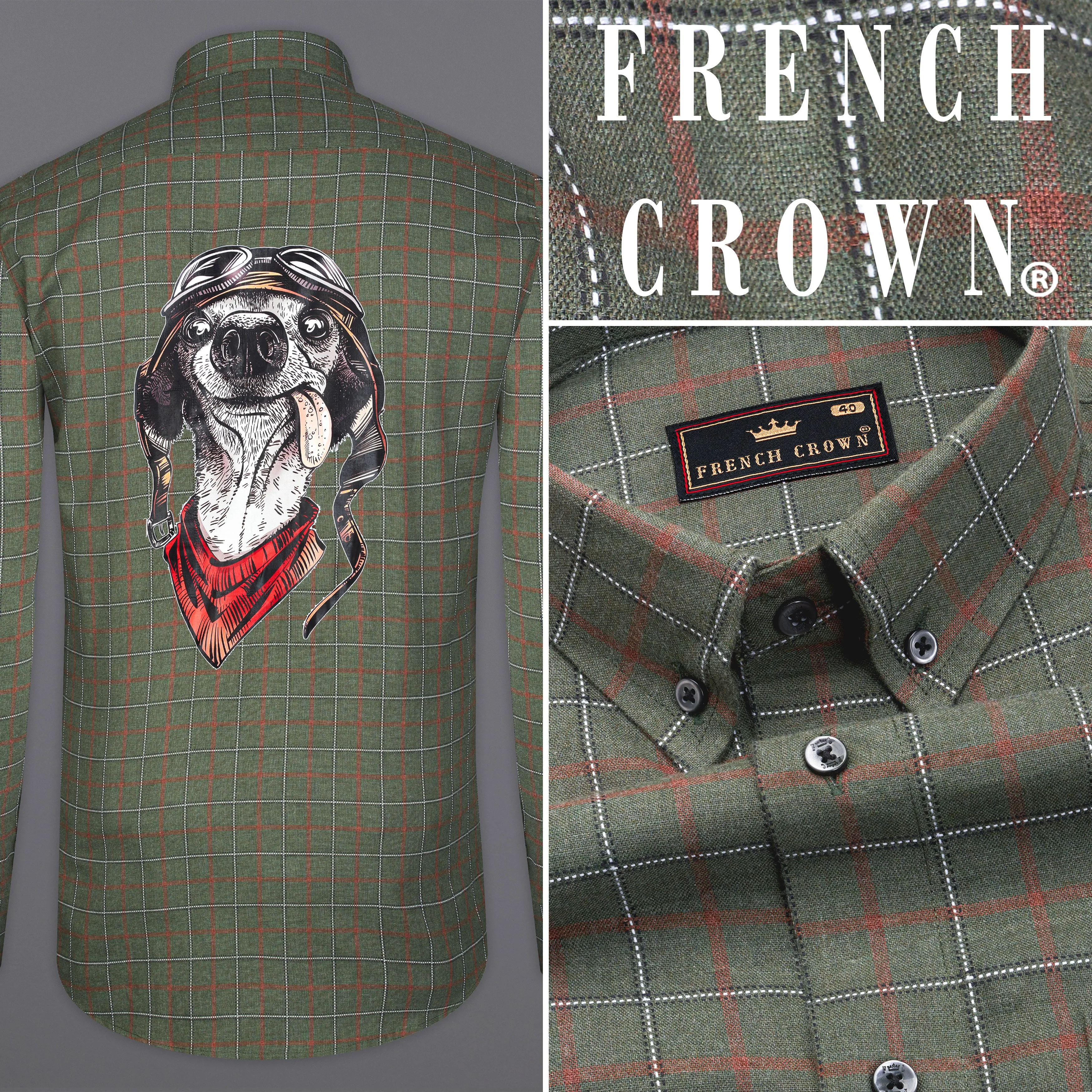 Asparagus Green with Chestnut Brown Checkered with Comical Dog Printed Super Soft Premium Cotton Designer Shirt