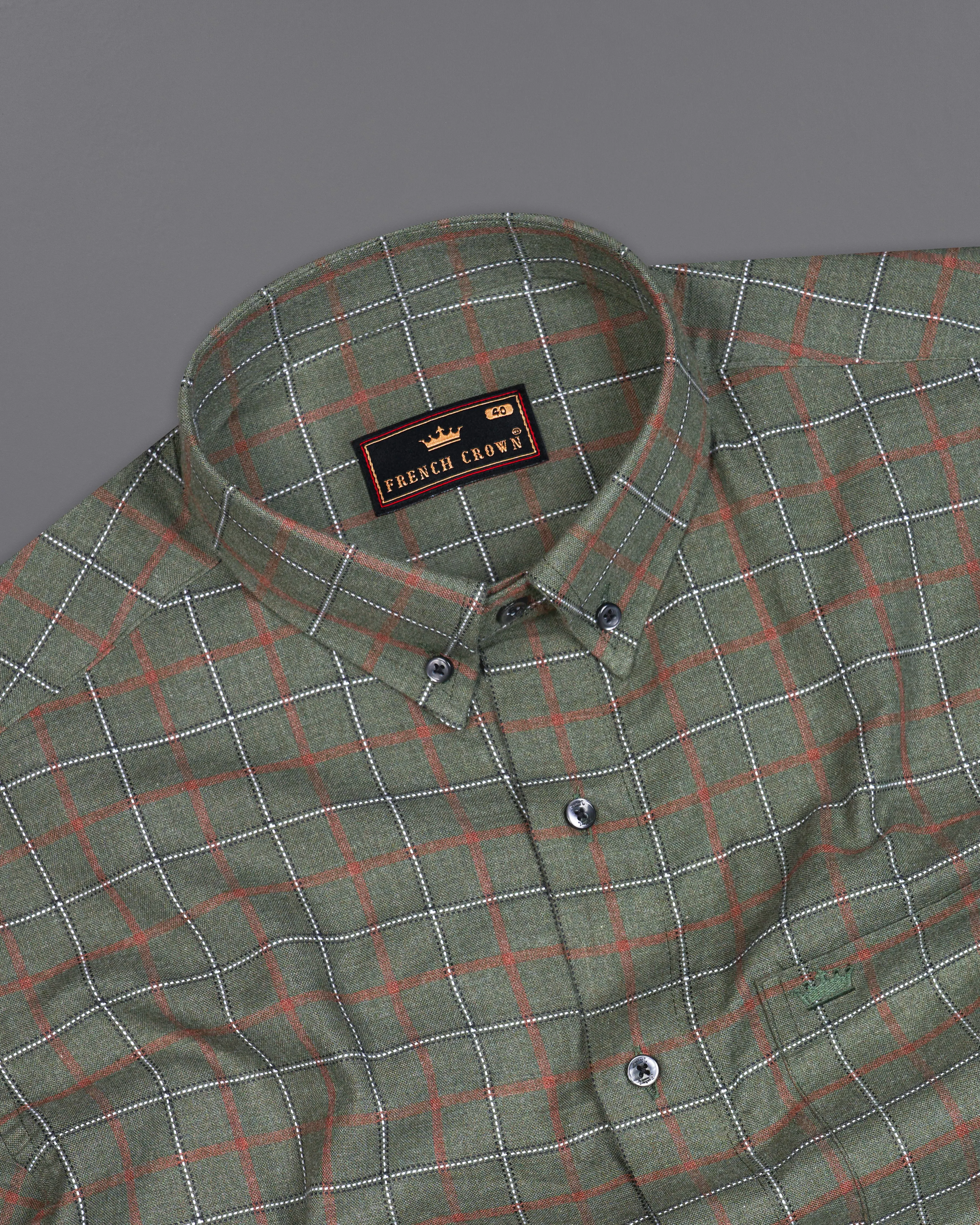 Asparagus Green with Chestnut Brown Checkered with Comical Dog Printed Super Soft Premium Cotton Designer Shirt