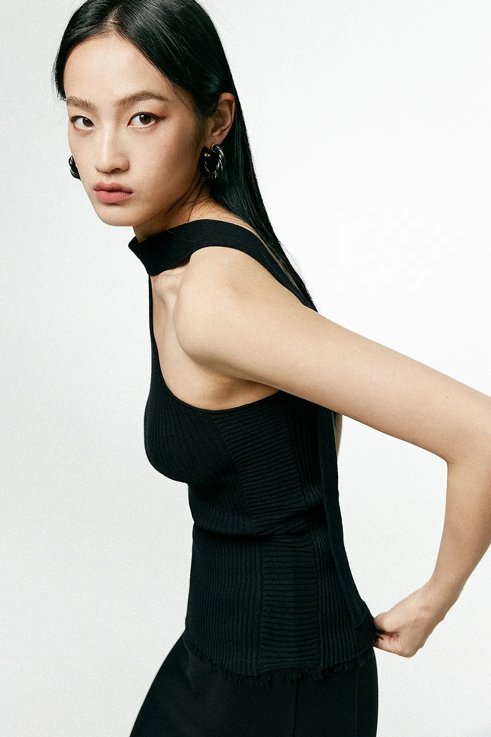 Asymmetrical Neck Sleeveless Ribbed Top