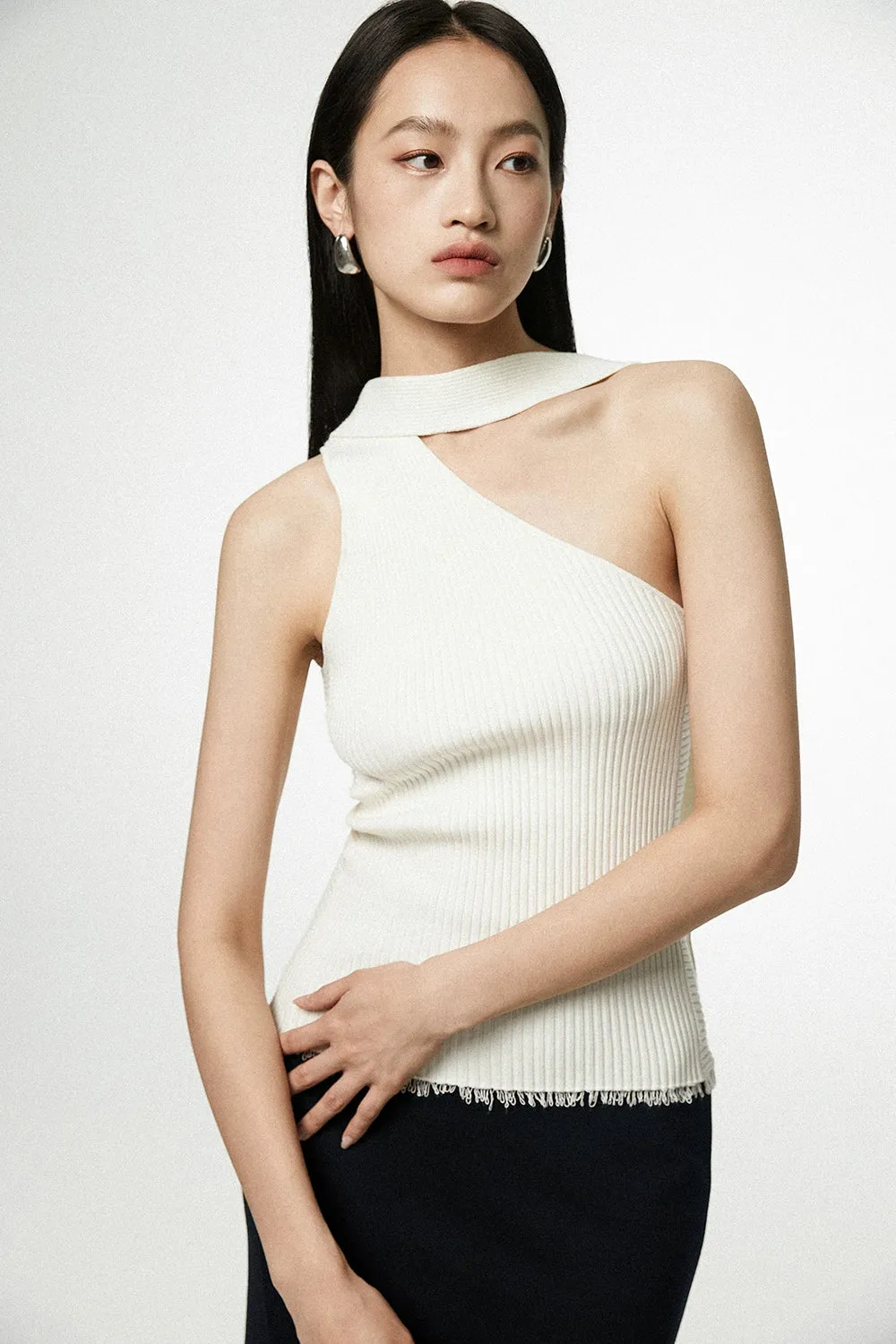 Asymmetrical Neck Sleeveless Ribbed Top