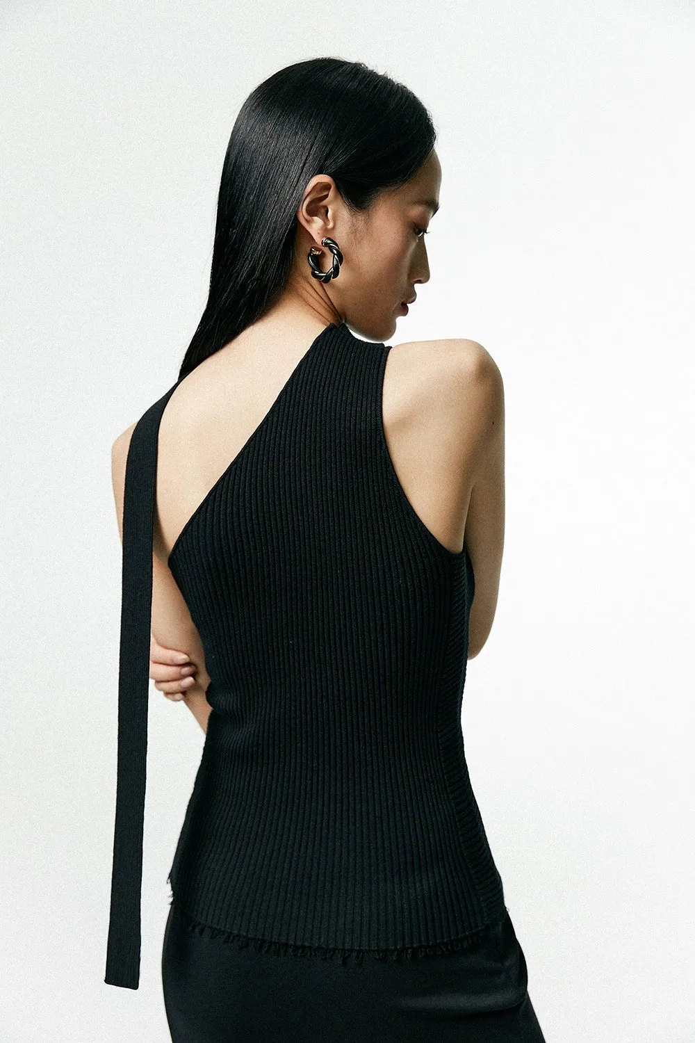 Asymmetrical Neck Sleeveless Ribbed Top