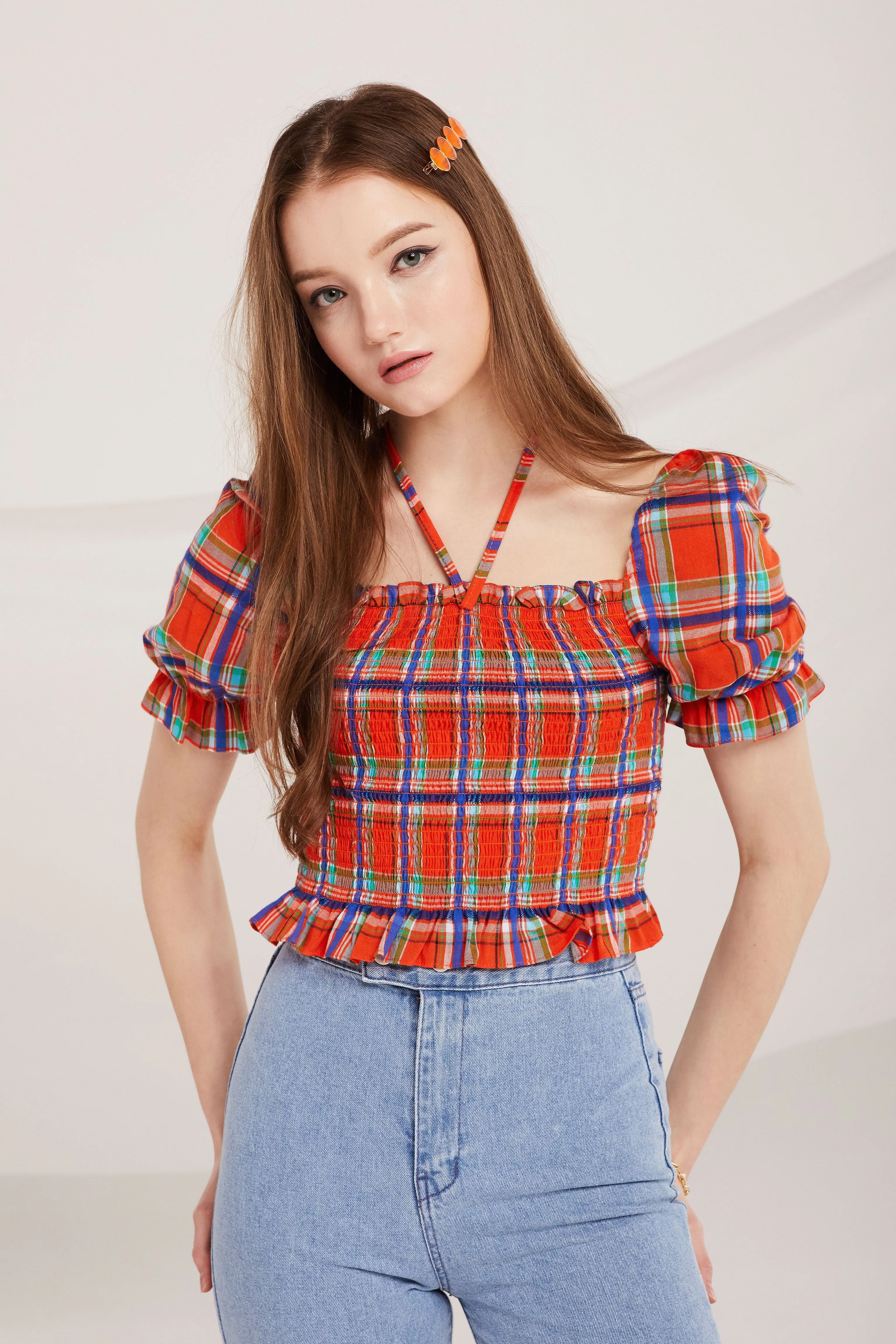 Avah Plaid Smocked Top