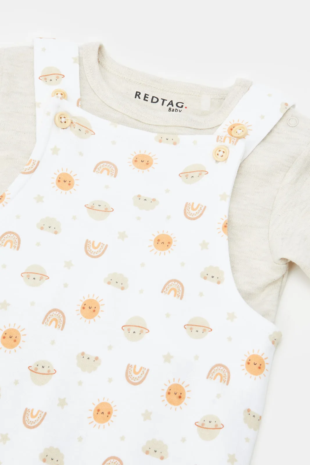 Baby Beige And White Printed T-Shirt And Dungaree Set (2 Piece)