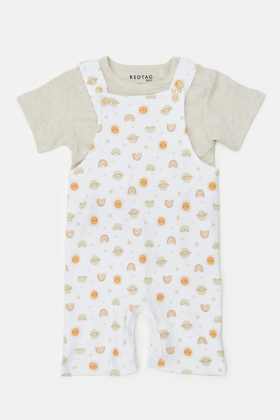 Baby Beige And White Printed T-Shirt And Dungaree Set (2 Piece)