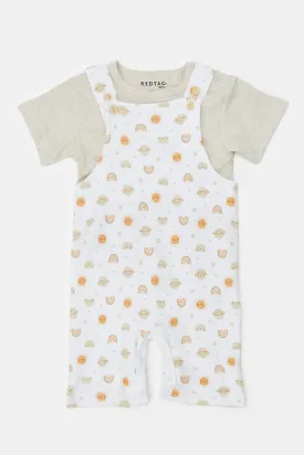 Baby Beige And White Printed T-Shirt And Dungaree Set (2 Piece)