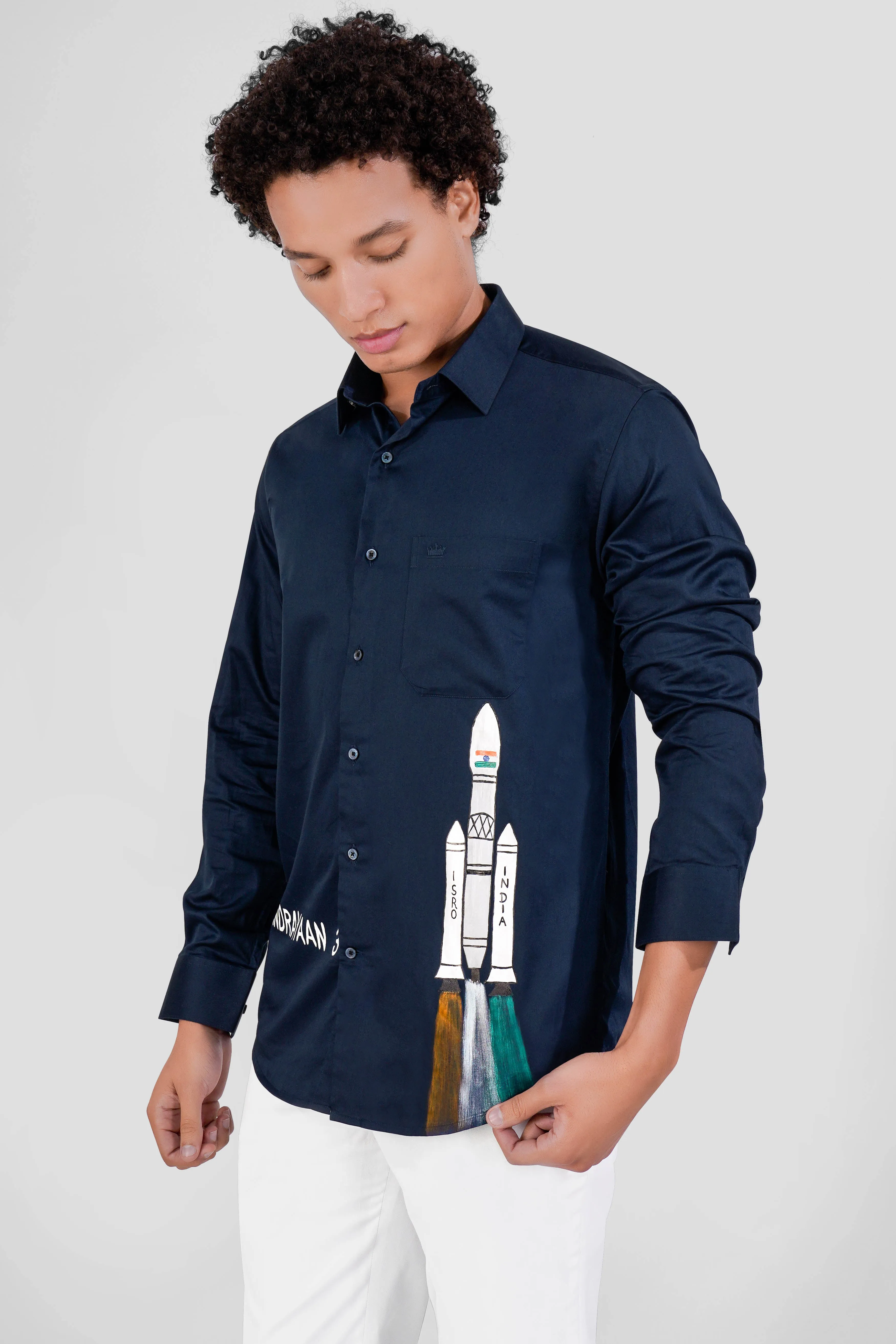 Baltic Sea Blue Chandrayaan-3 Hand-Painted Super Soft Premium Cotton Designer Shirt