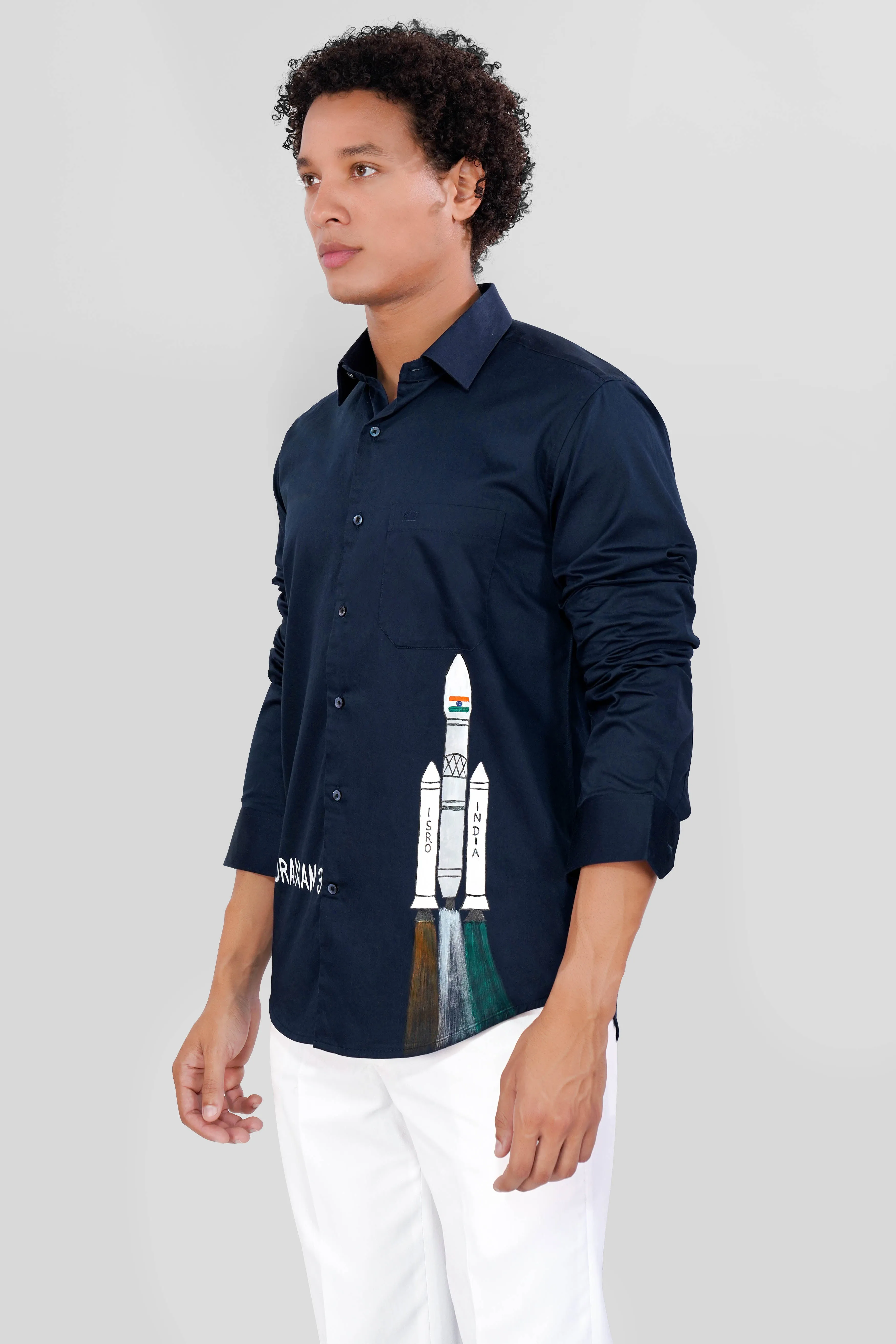 Baltic Sea Blue Chandrayaan-3 Hand-Painted Super Soft Premium Cotton Designer Shirt