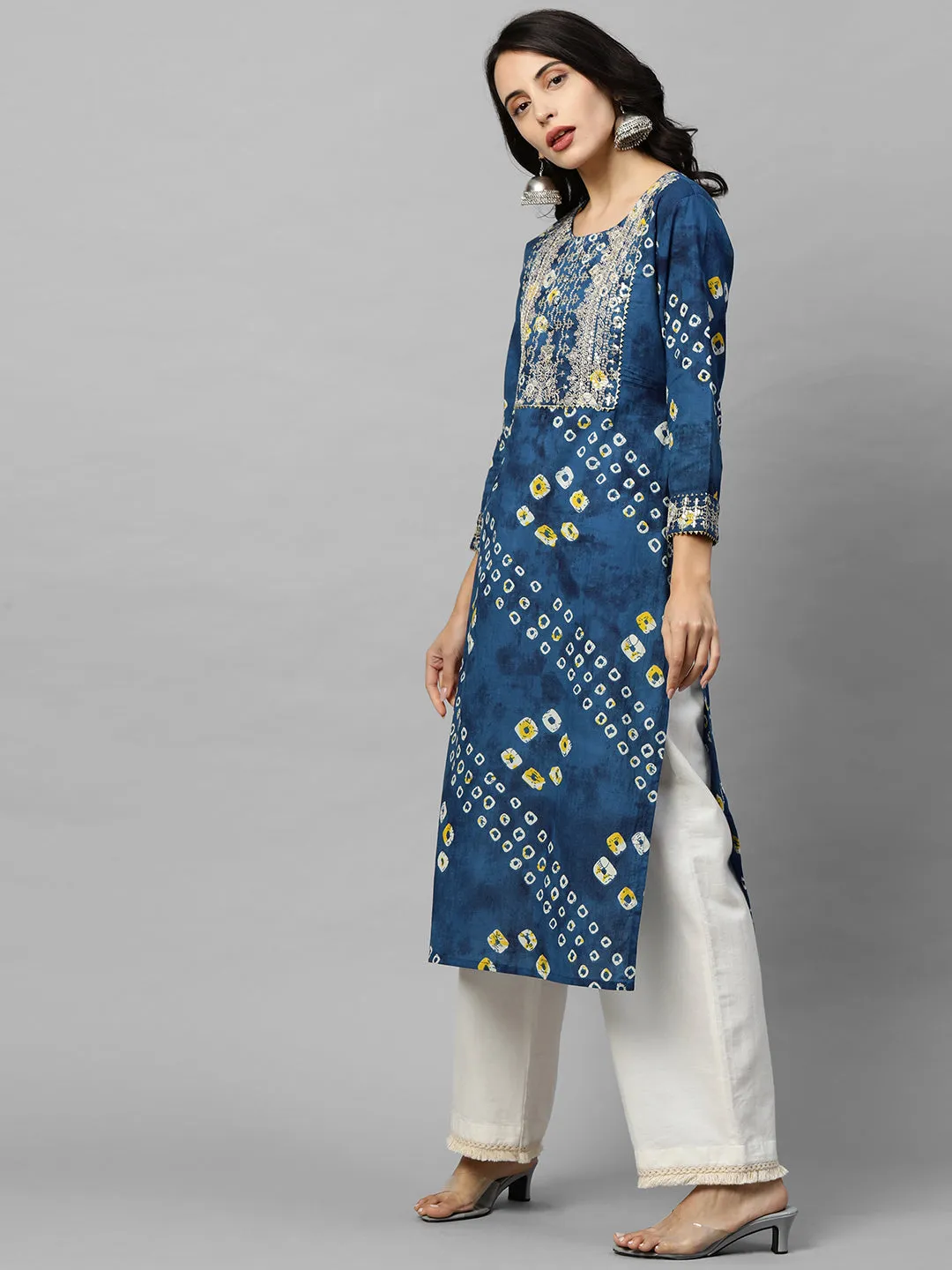 Bandhani Print & Sequins Embroidered Straight Kurta - Blue