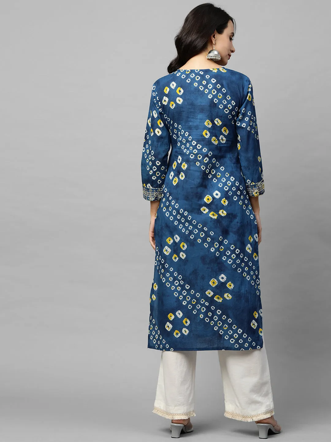 Bandhani Print & Sequins Embroidered Straight Kurta - Blue