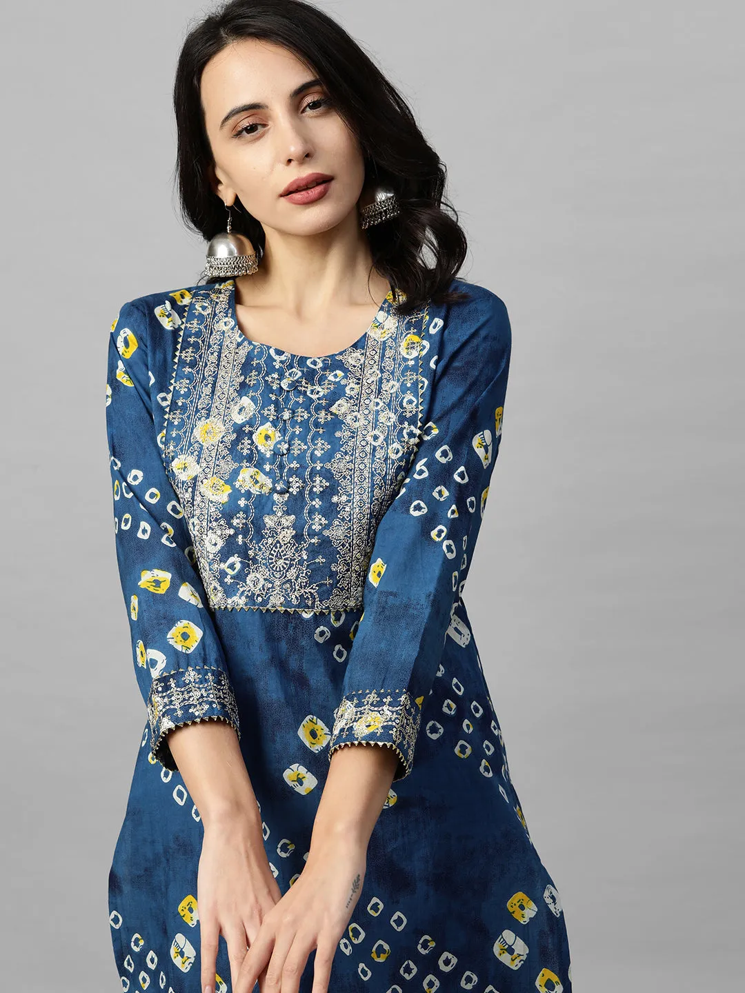 Bandhani Print & Sequins Embroidered Straight Kurta - Blue