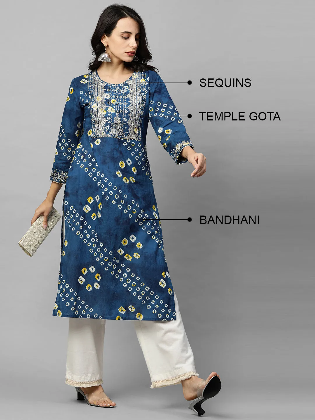 Bandhani Print & Sequins Embroidered Straight Kurta - Blue