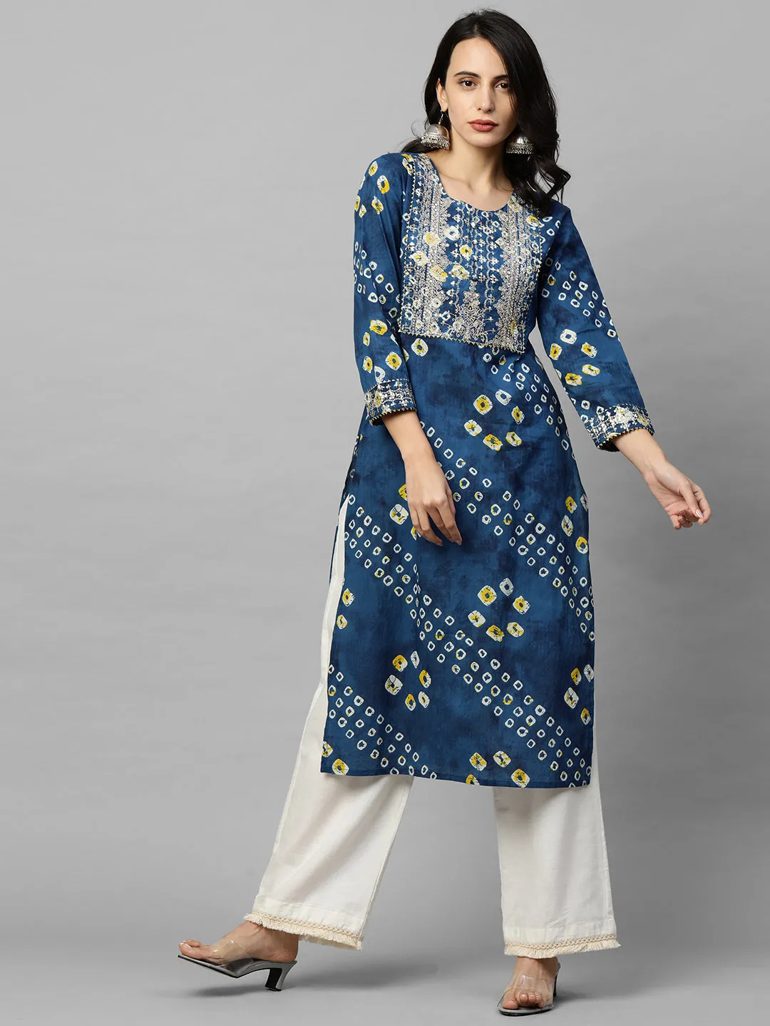 Bandhani Print & Sequins Embroidered Straight Kurta - Blue