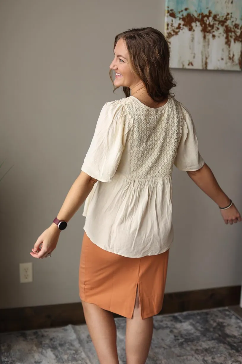 Beige Boho Look V-Neck Crochet Detail Top • M