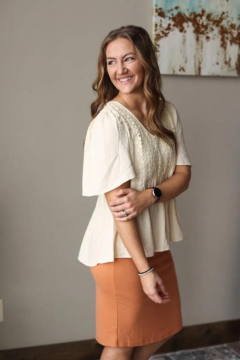 Beige Boho Look V-Neck Crochet Detail Top • M