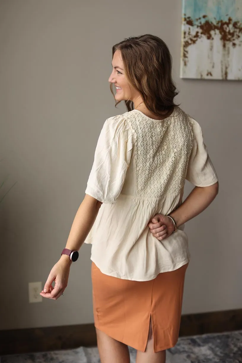 Beige Boho Look V-Neck Crochet Detail Top • M