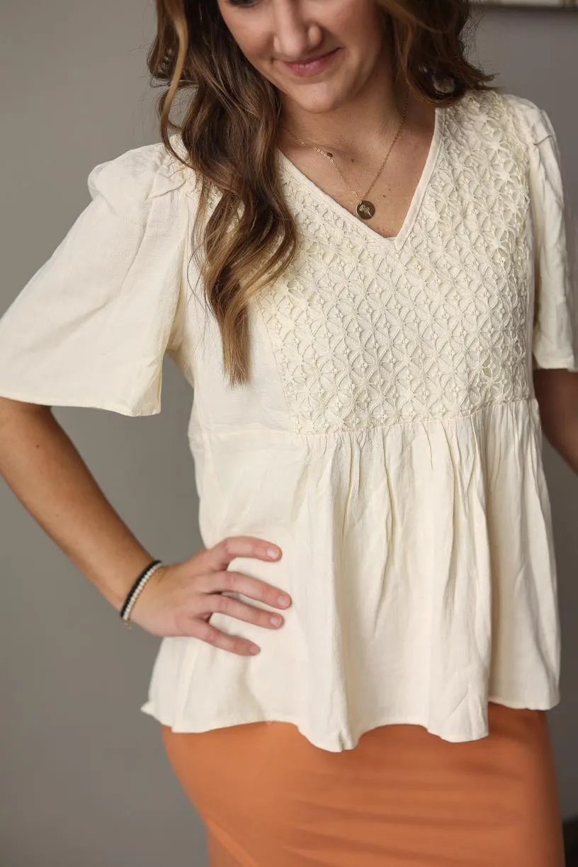 Beige Boho Look V-Neck Crochet Detail Top • M