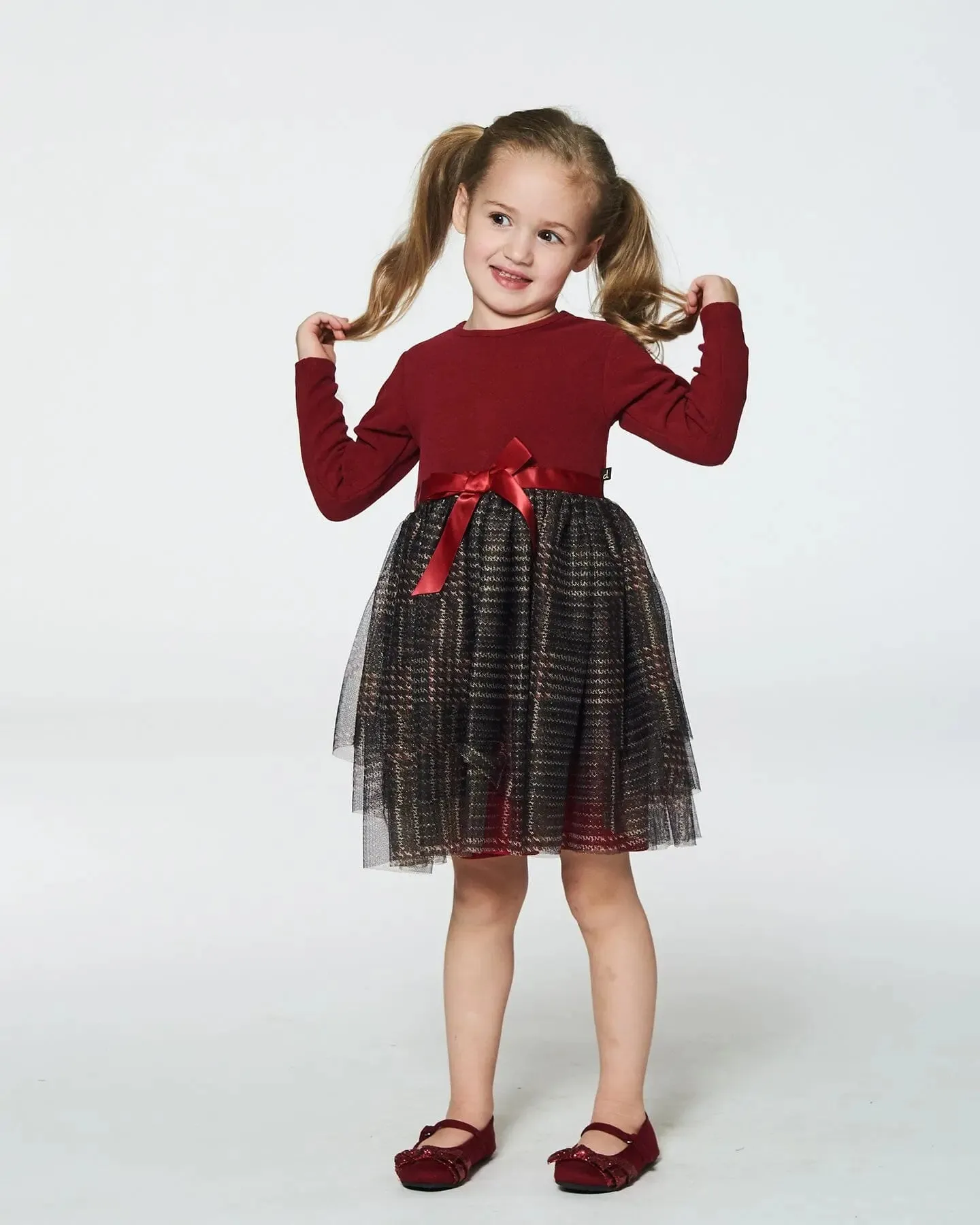 Bi-Material Dress With Glittering Tulle Skirt Red Plaid