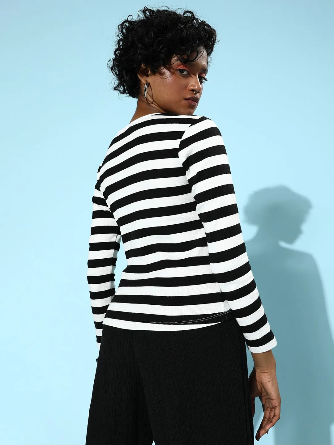 V-Neck Ribbed T-Shirt with Black and White Stripes