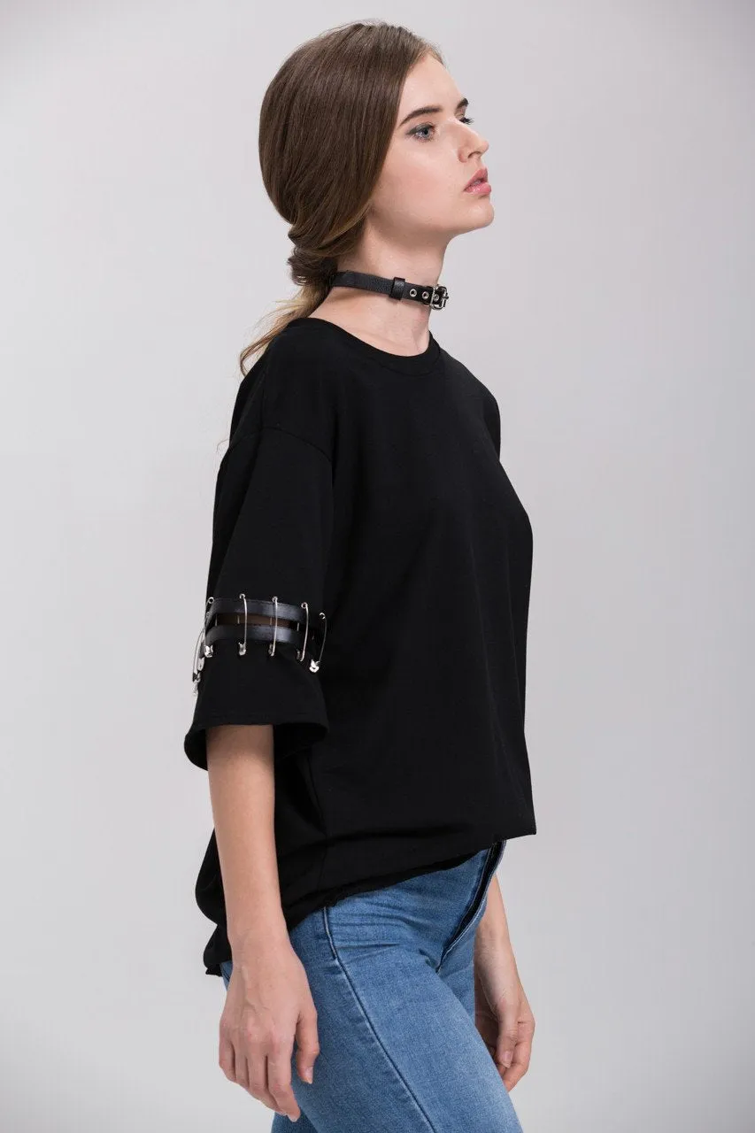 Black Oversized Pin Shoulder Detail Top