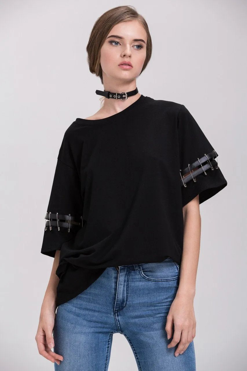 Black Oversized Pin Shoulder Detail Top