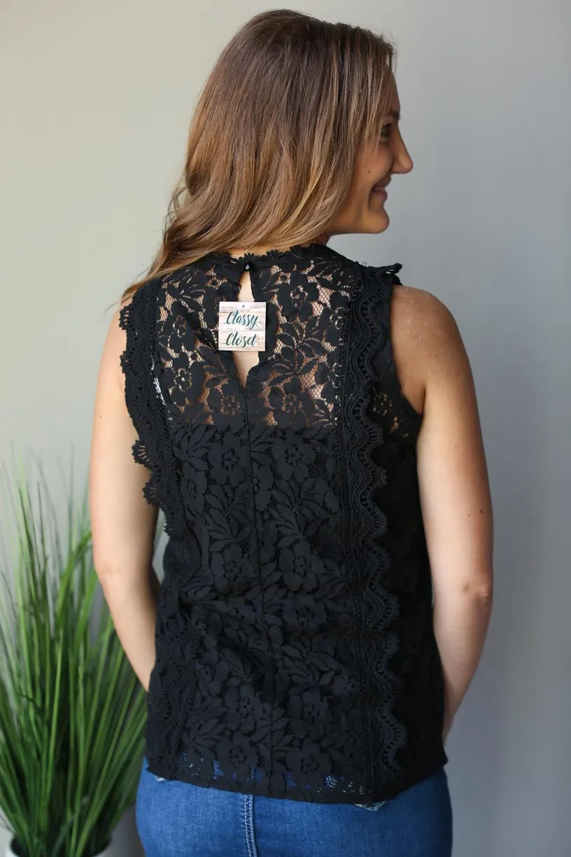 Black V-Neck Lace Tank Top • S