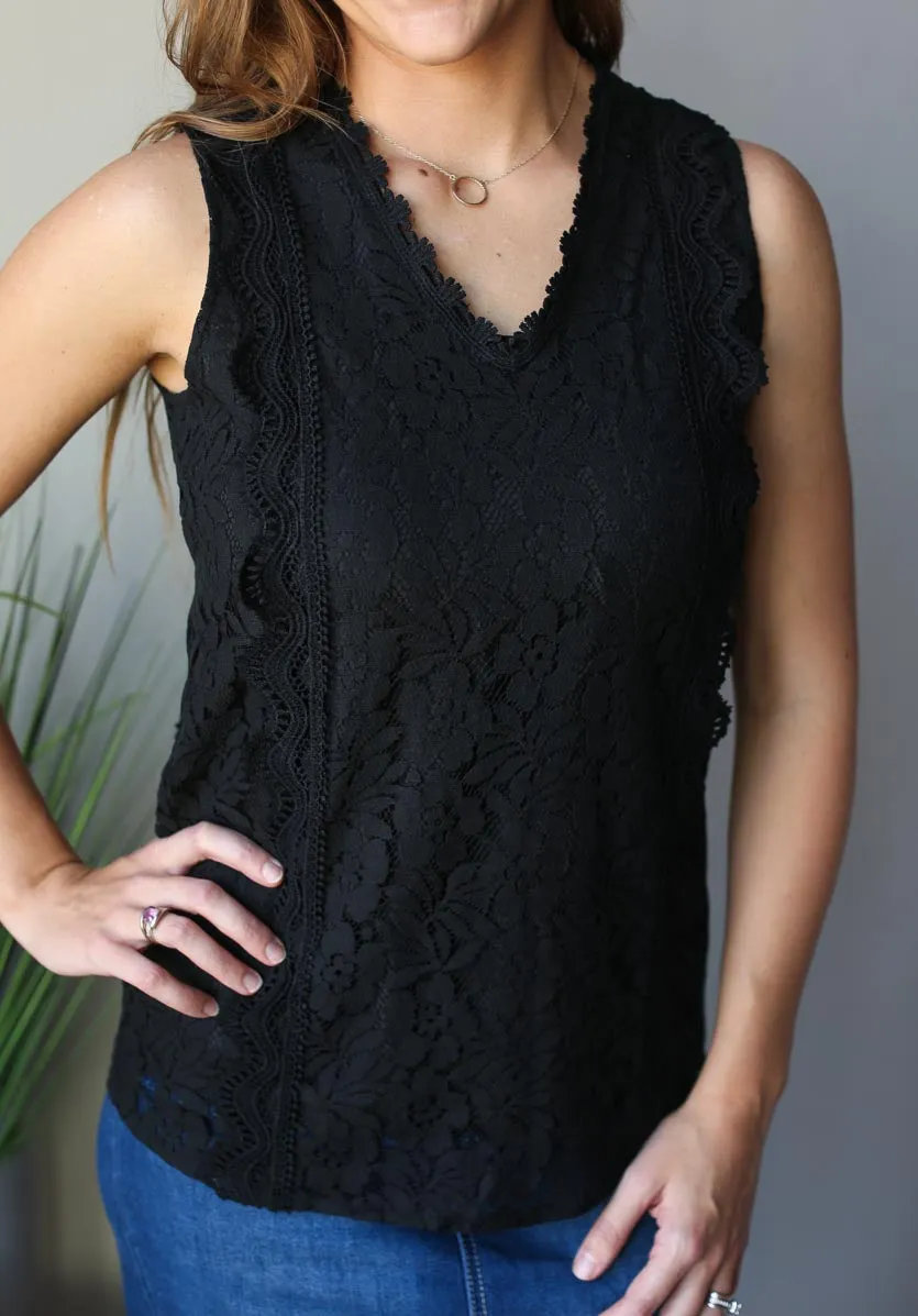 Black V-Neck Lace Tank Top • S