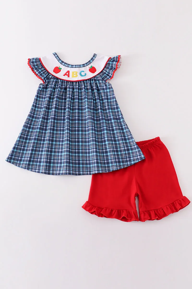 Blue plaid ABC embroidery girl set