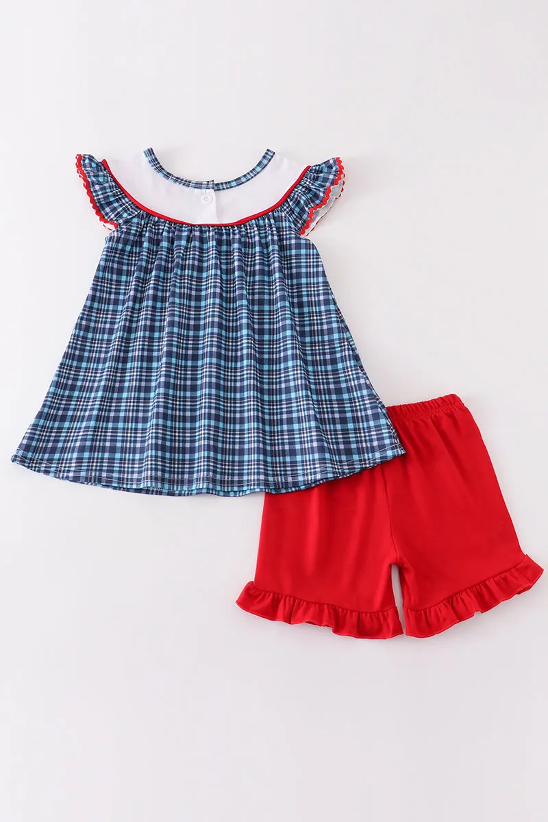 Blue plaid ABC embroidery girl set