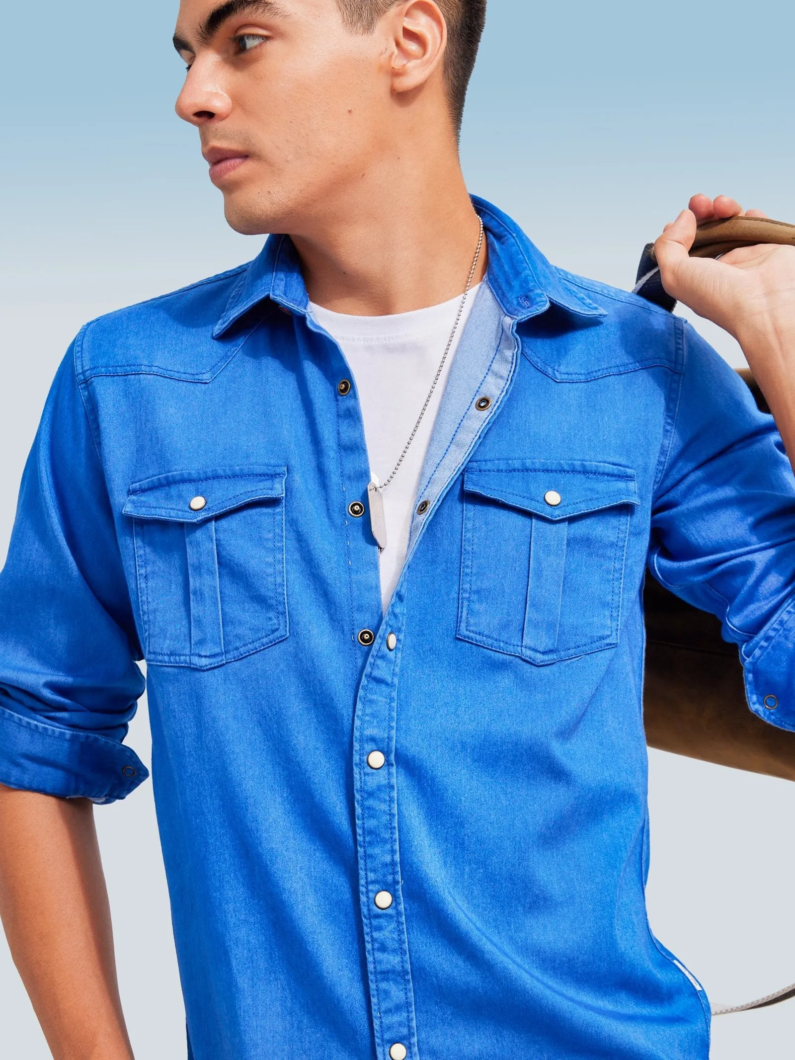 Blue Twill Stretch Denim Shirt