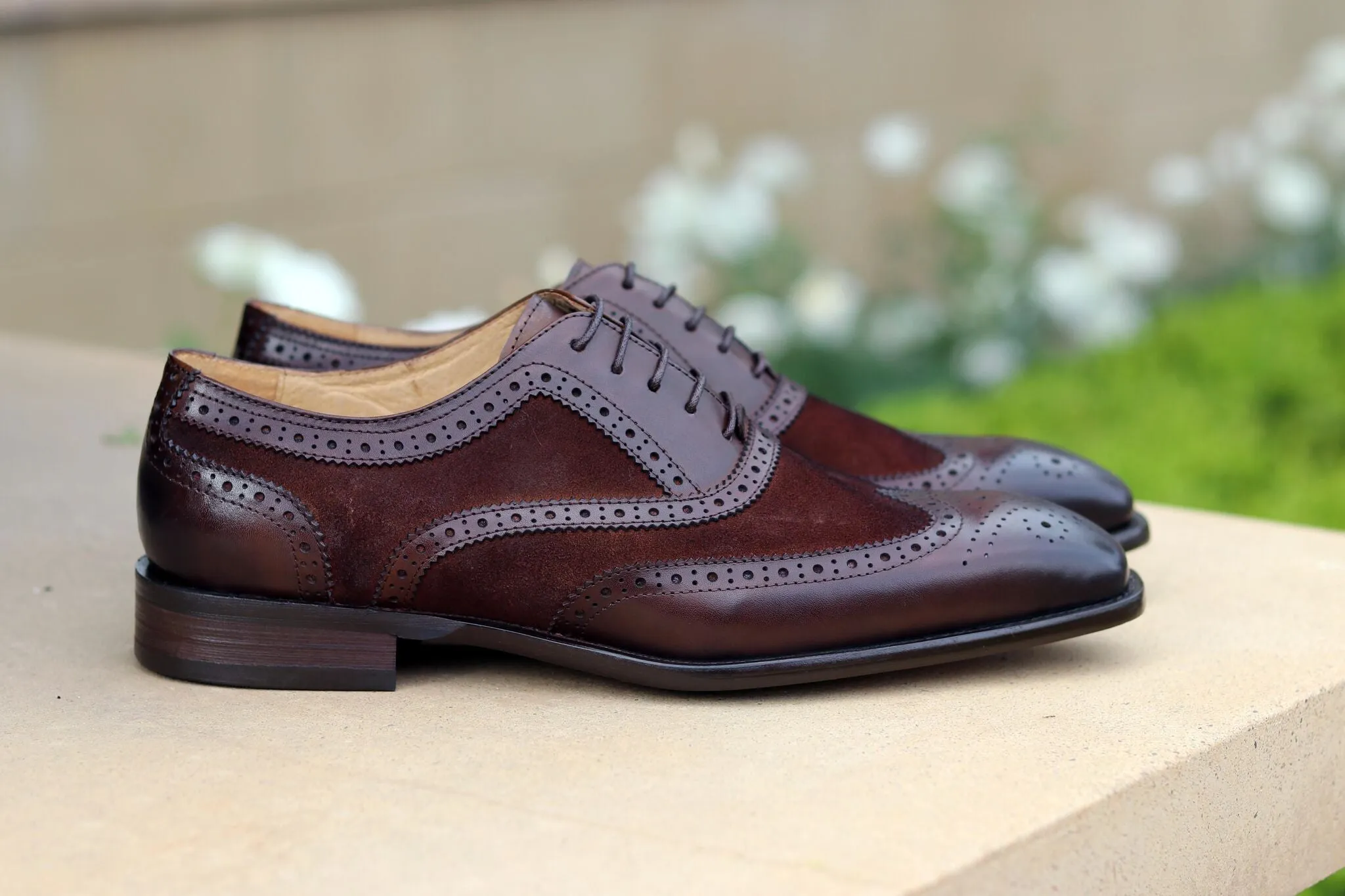 Calfskin & Suede Wingtip Oxford Chestnut