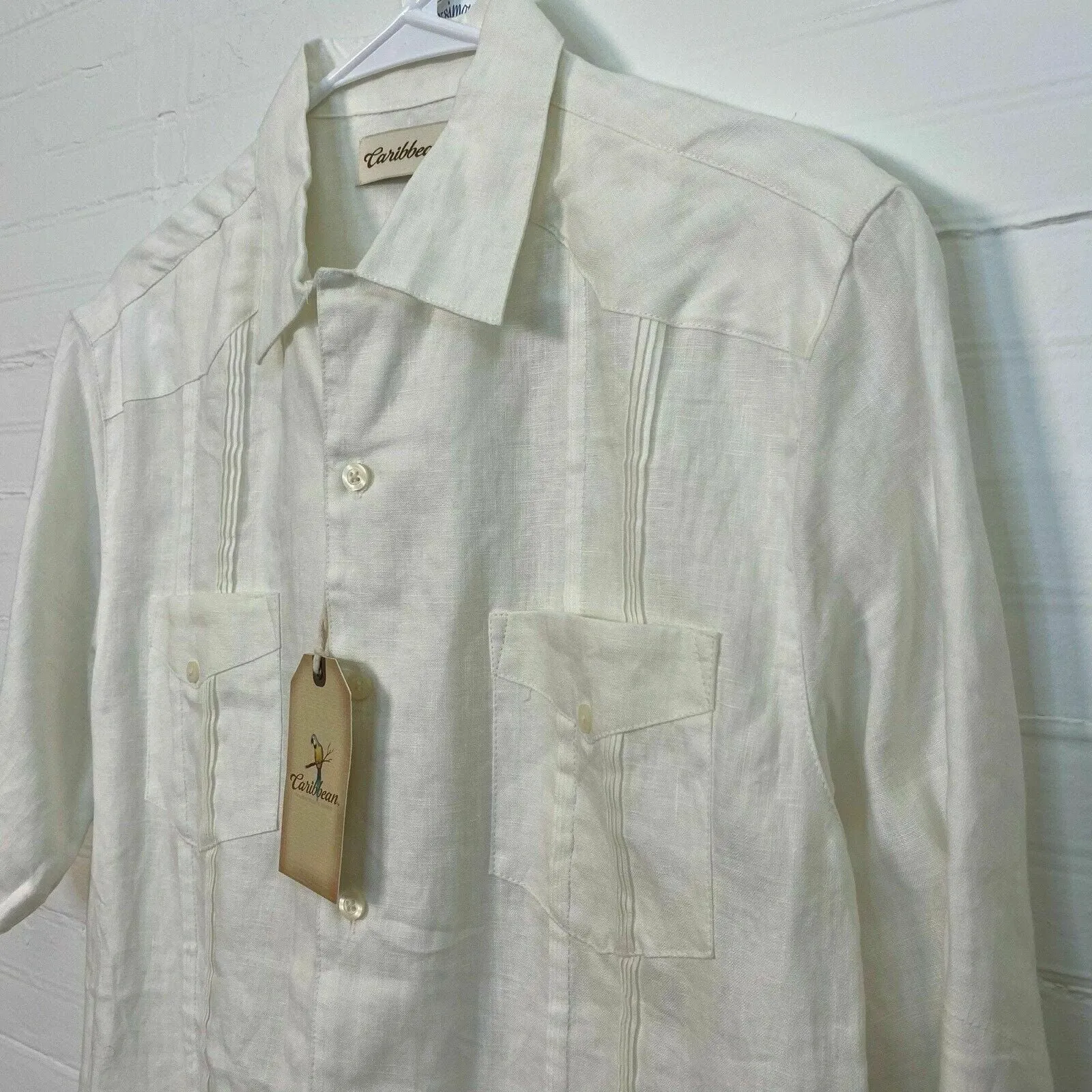 Caribbean Mens Size S Ivory White Linen Hawaiian Shirt Button-Up S/s NWT