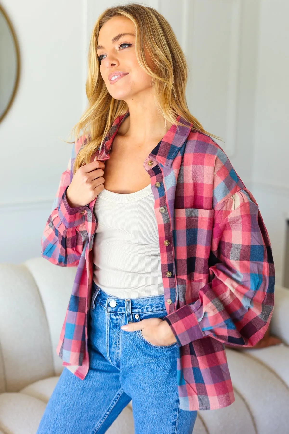 Check It Out Mauve Washed Plaid Button Up Top