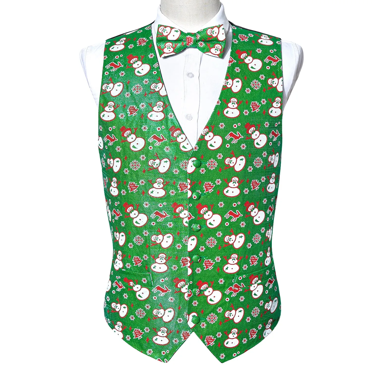 Christmas Green Snow Man Novelty Silk Men's Vest Bow Tie Set Waistcoat Suit Set