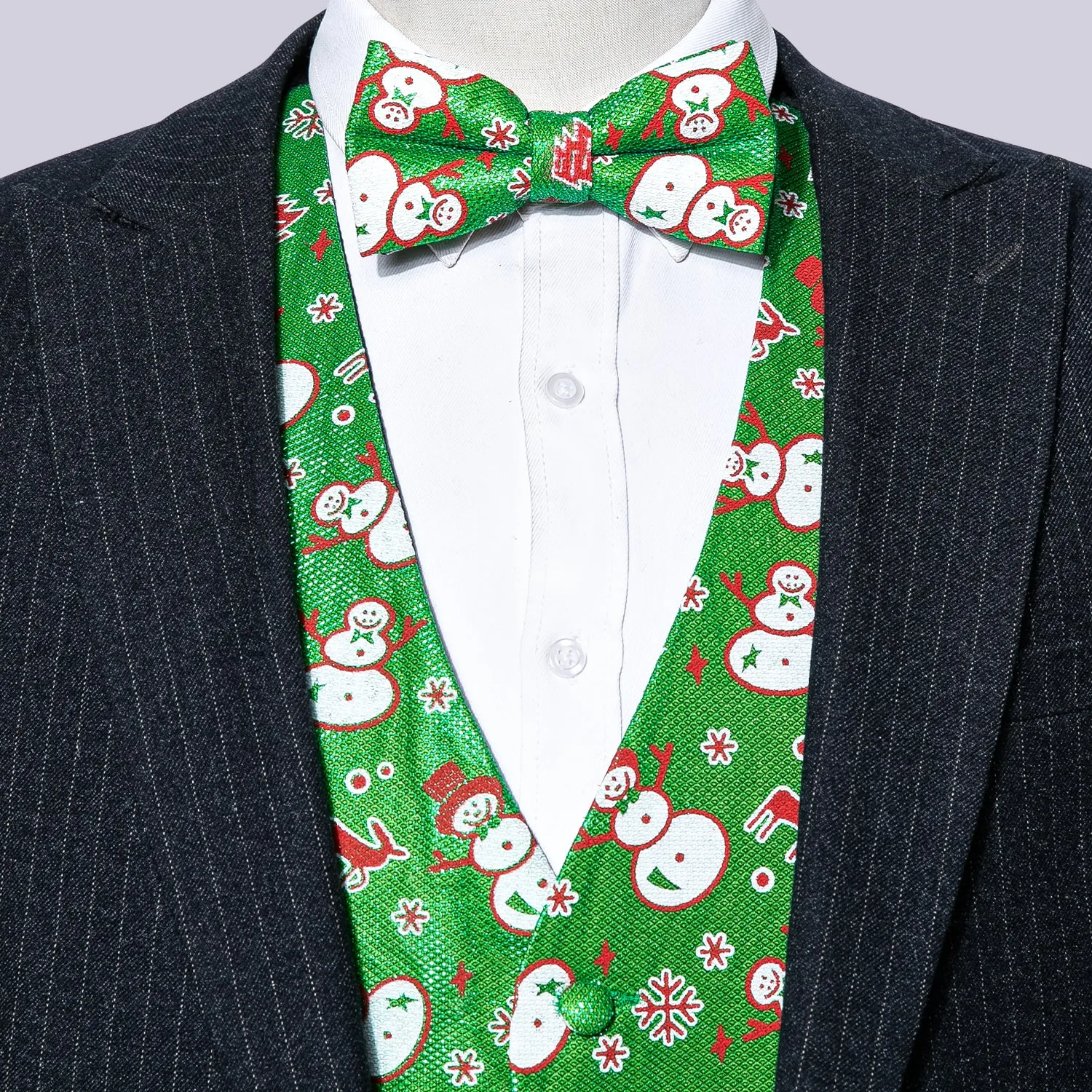 Christmas Green Snow Man Novelty Silk Men's Vest Bow Tie Set Waistcoat Suit Set